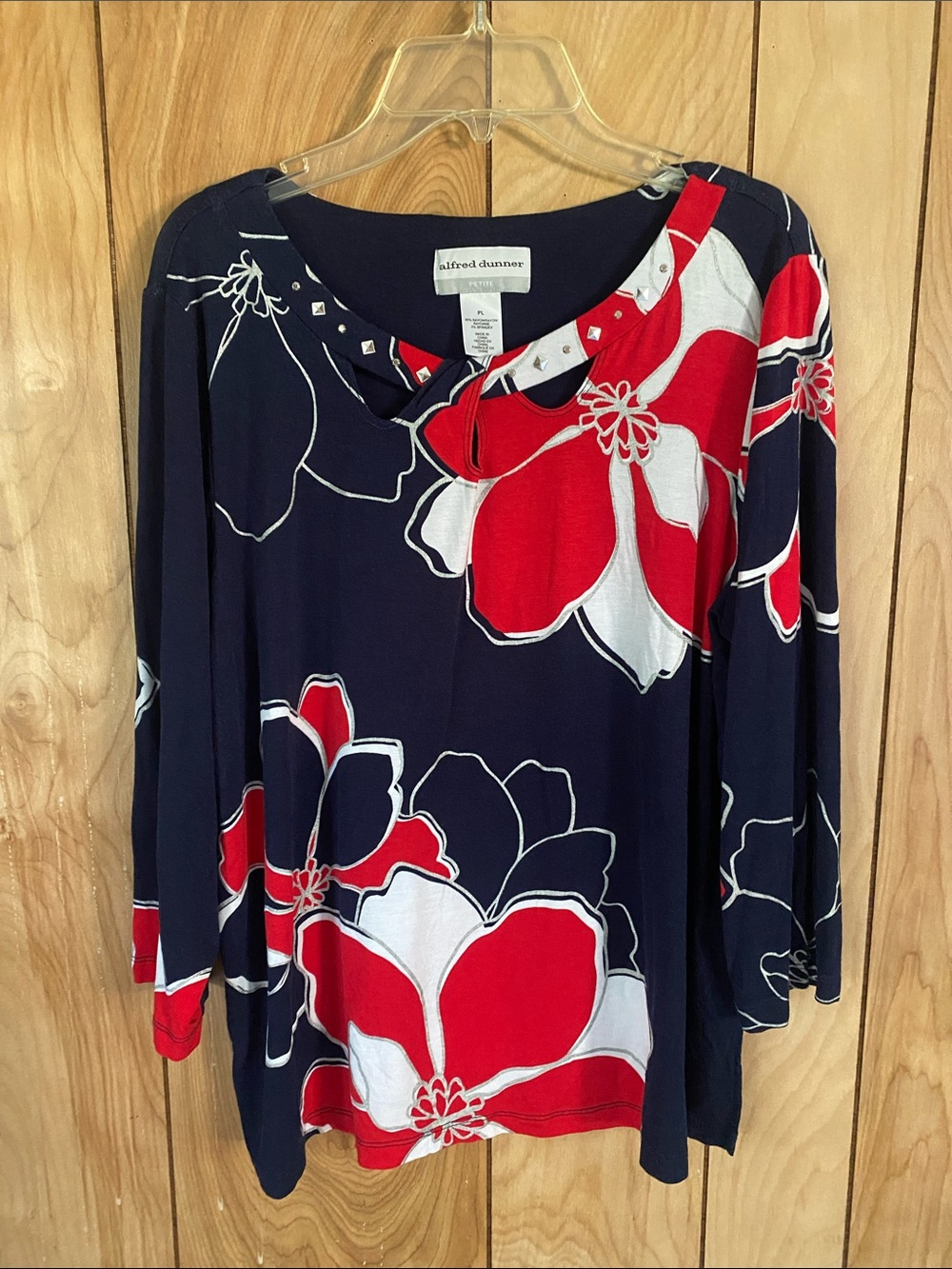 Alfred Dunner Navy Red White Floral Studded Scoop-Neck Long Sleeve Top